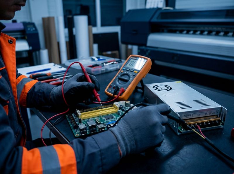 Technician testing DTF printer electronics with a multimeter