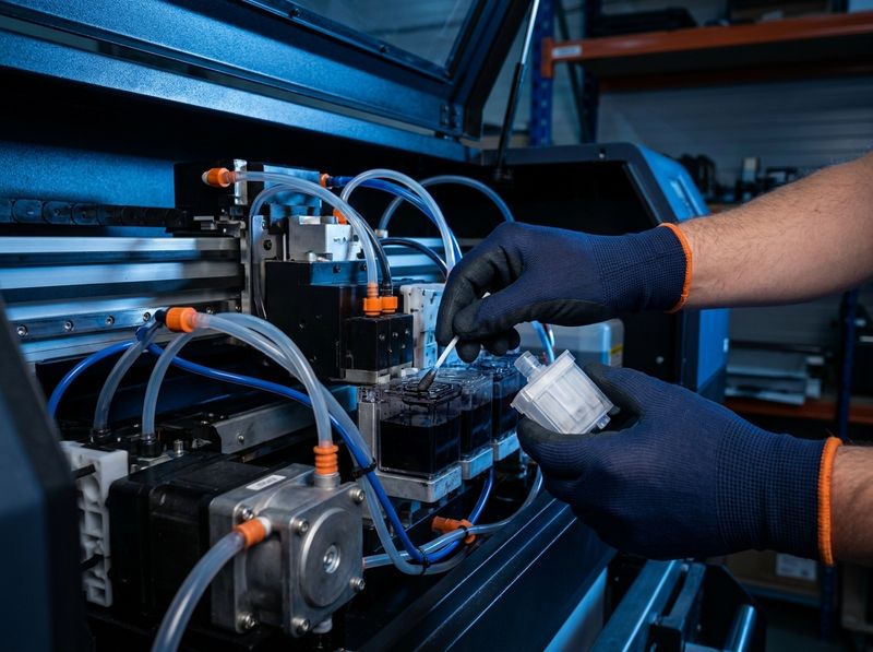 Technician servicing a DTF ink system and dampers