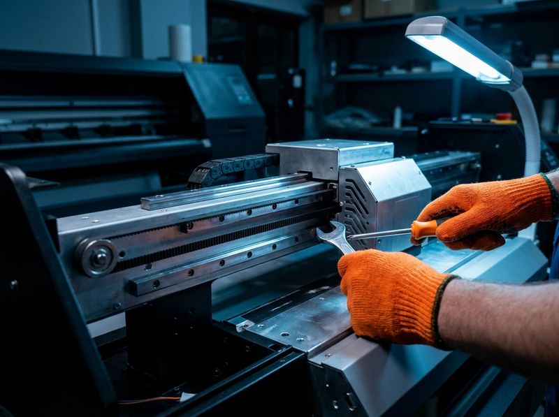 Technician servicing DTF printer belts and rails