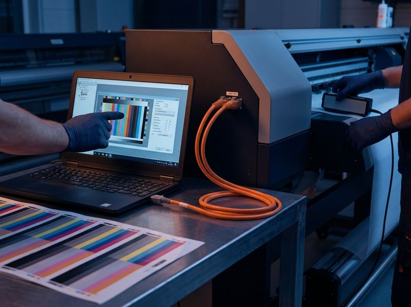 Technician calibrating a DTF printer with RIP software