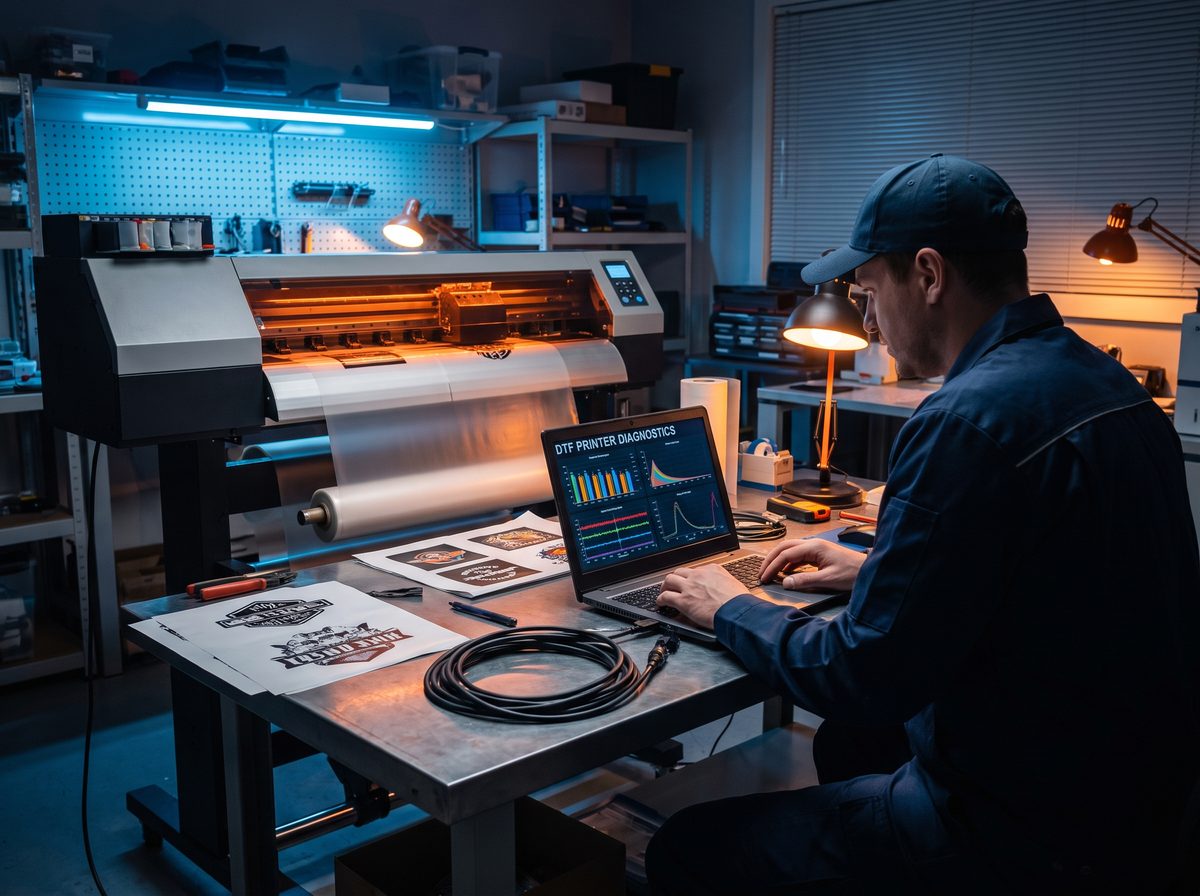 Technician running a DTF printer nozzle-test diagnostic