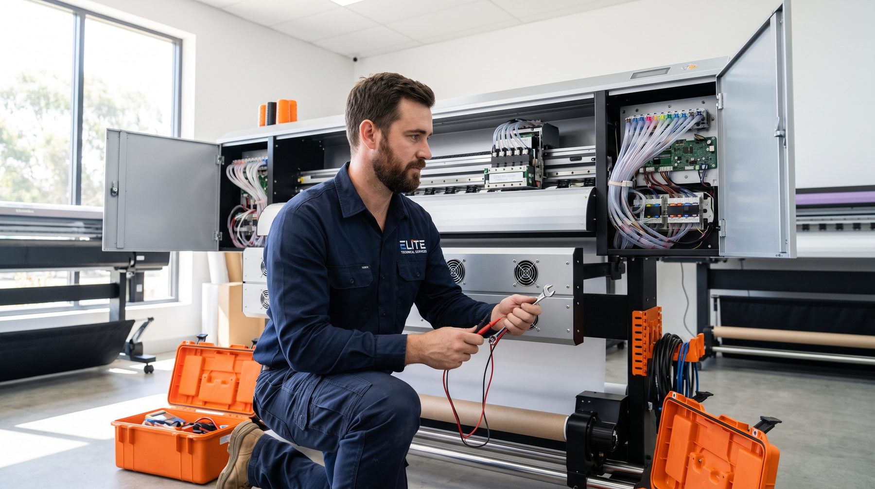 DTF printer technician servicing an open ink system